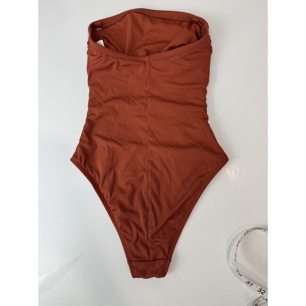 Shade & Shore Shirred One-Piece Swimsuit Strapless Rust Color Ribbed XS 0/2 - Picture 3 of 6